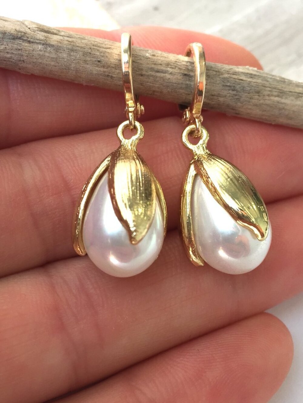 Pearl Tulip drop Gold huggie lever back Earrings